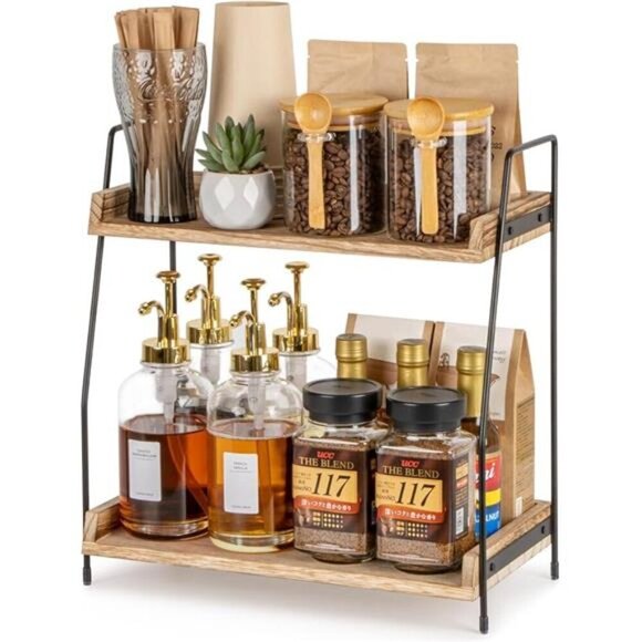 Wood Coffee Station Organizer 2 Tier Shelf Kitchen Counter Storage Home Office - Picture 7 of 7